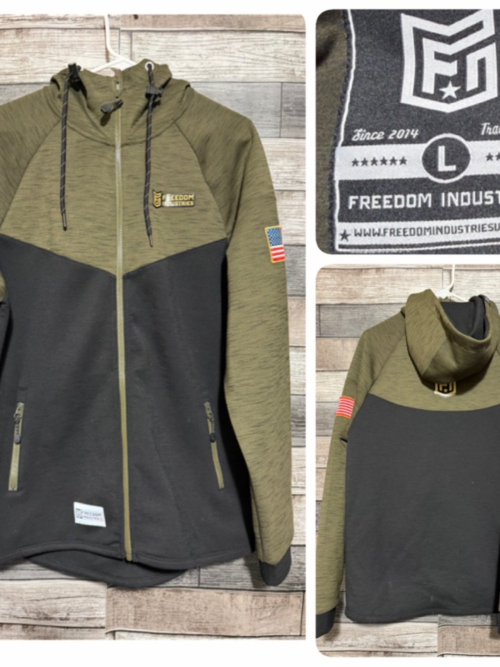 Freedom Industries American Flag Hoodie Men’s L Black Green Full Zip